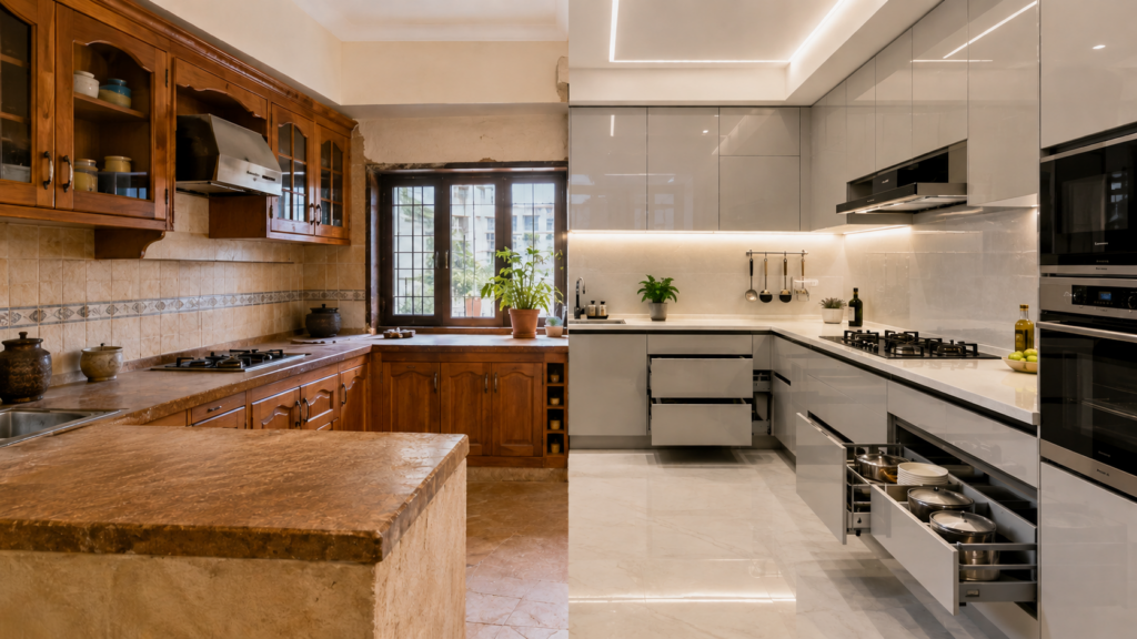 Split-view of a traditional wooden kitchen and a modern modular kitchen in a Kolkata home